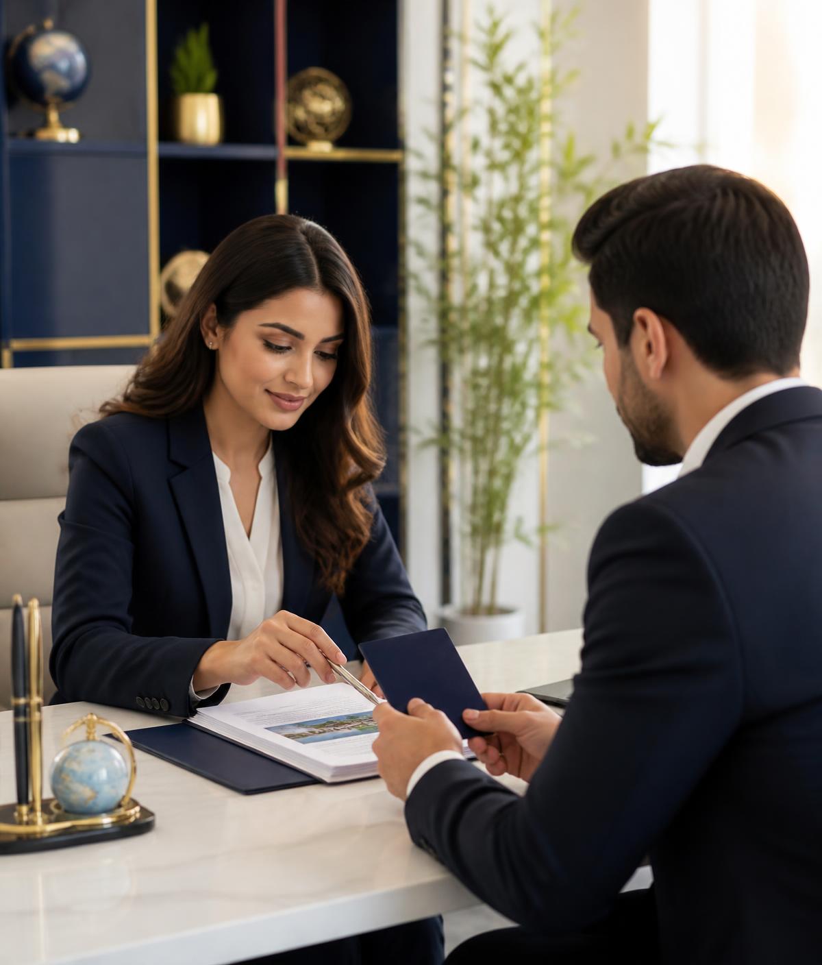 Consultant guiding a client through visa documentation